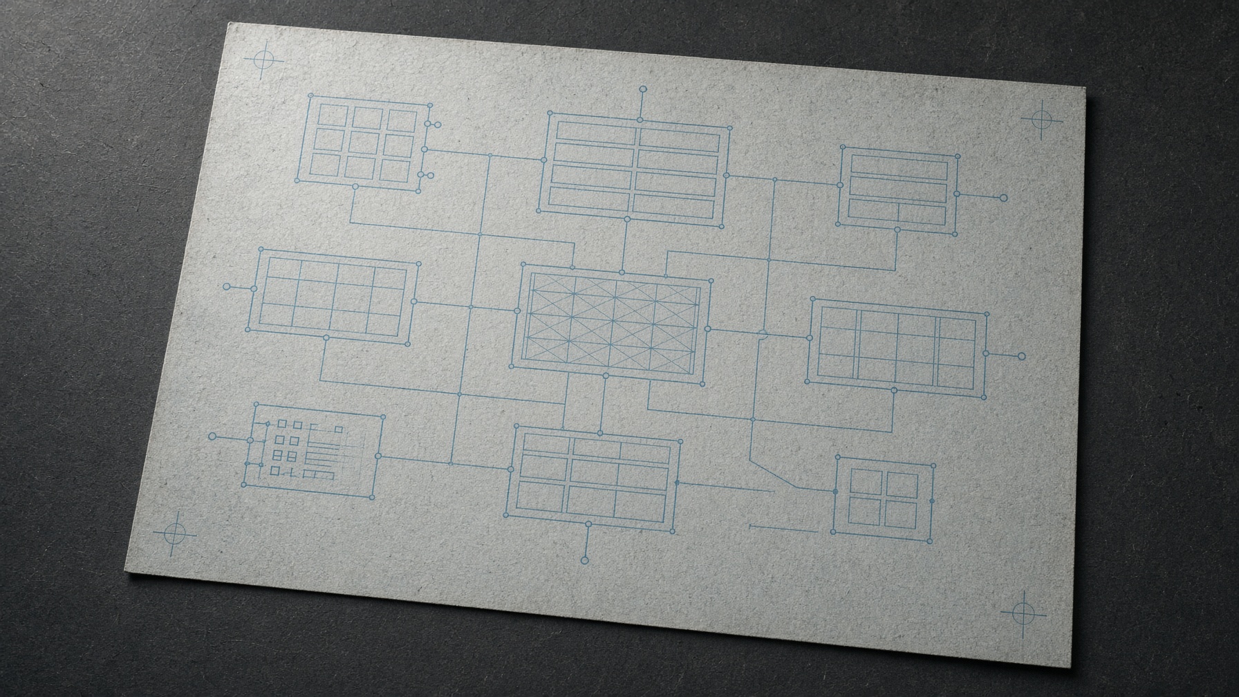 Drafting-table still life of a database schema drawn as table-plates and relation lines